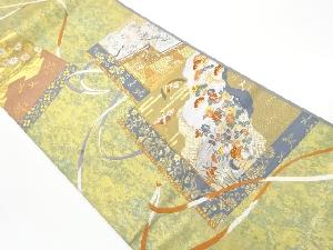 リサイクル　本漆箔金色紙に鶴・花々模様織出し袋帯